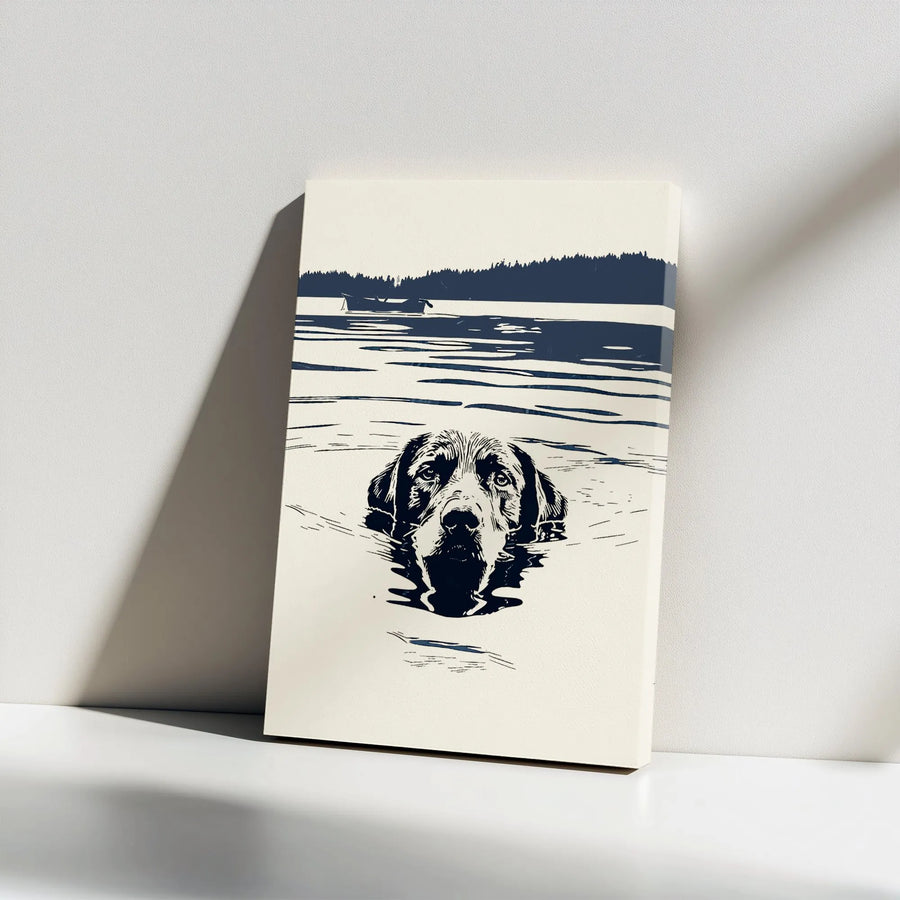 Labrador Retriever Wall Art | Swimming Dog Lake Scene Block Print | Premium Gallery Wrap Canvas | Gift for Dog Lovers and Outdoor Enthusiasts