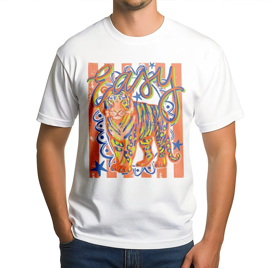 Easy Tiger T-Shirt | Colorful Preppy Tiger Graphic with Doodle Text | Premium Soft Cotton | Sarcastic Funny Gift for Women, Y2K Style Top