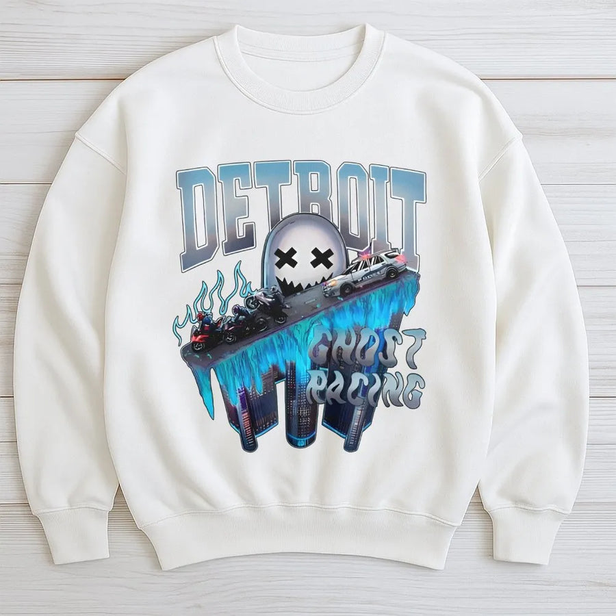 Detroit Ghost Racing Sweatshirt | Urban Streetwear Graphic Design | Premium Cotton Blend | Gift For Motorcycle Riders And Street Biker Fans
