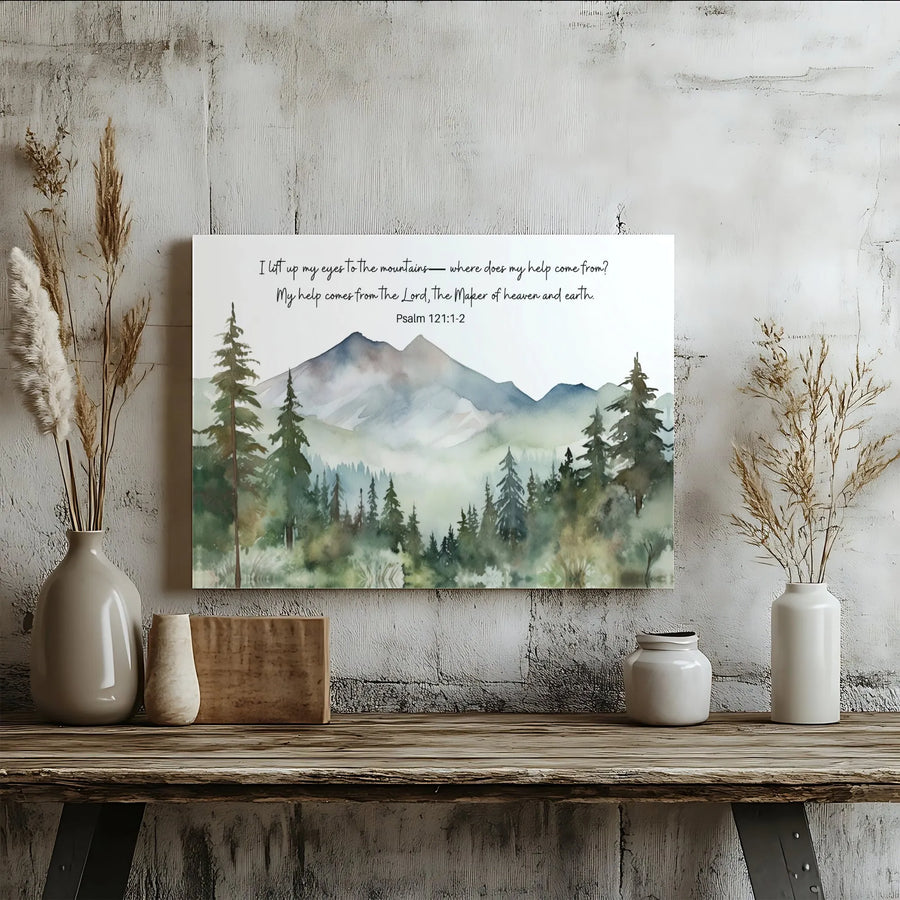 Psalm 121:1-2 Mountain Canvas Art | Watercolor Forest Landscape Print | Premium Gallery Wrap Wall Decor | Christian Home Gift for Believers