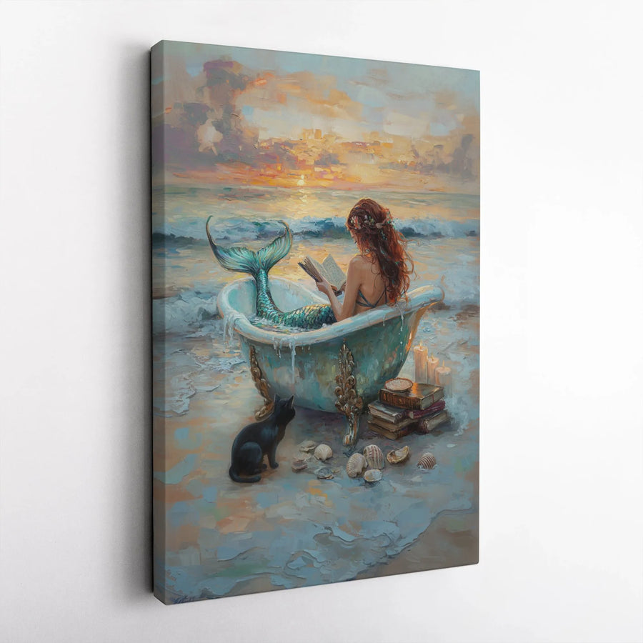 Mermaid Wall Art Canvas | Enchanting Sunset Beach Reading Illustration | Premium Gallery Wrapped Decor | Whimsical Ocean Fantasy Gift for Book Lovers