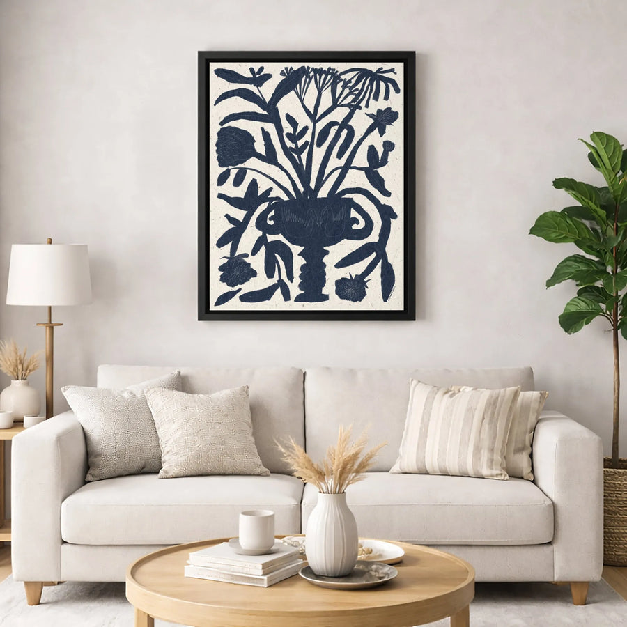 Abstract Floral Canvas Print | Minimalist Blue Bouquet In Vase Wall Art | Gallery Quality 1.25 Inch Thick Canvas | Modern Home Decor Gift