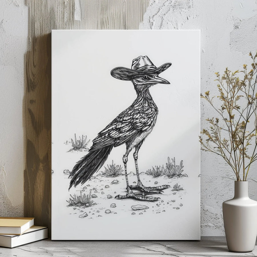Roadrunner Cowboy Wall Art | Western Desert Bird Sketch | Gallery Wrapped Premium Canvas | Rustic Country Home Decor Gift