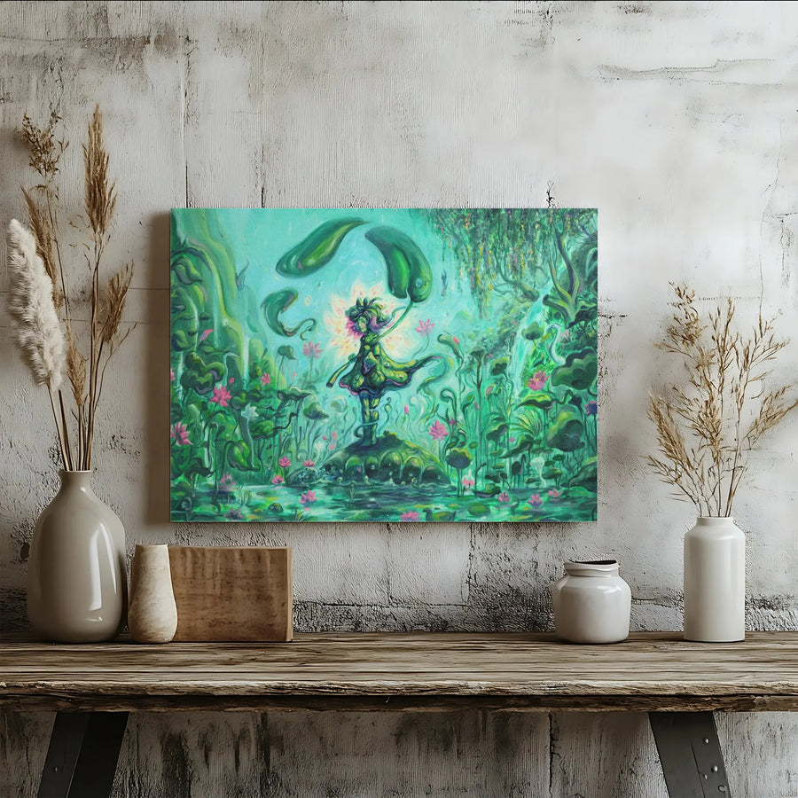 Magical Lotus Fairy Horizontal Canvas | Whimsical Pond & Turtle Art Print | Premium 1.25" Thick Gallery Wrap | Fantasy Wall Decor Gift for Nursery & Kids Room