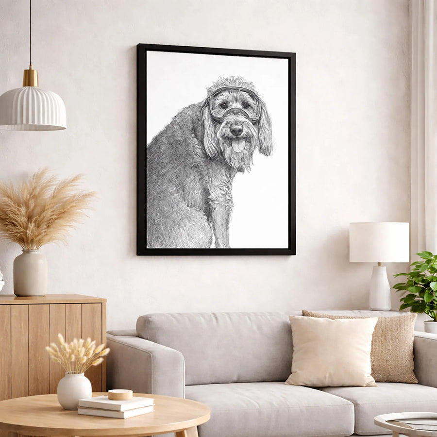 Labradoodle Wall Art | Whimsical Dog Wearing Goggles Pencil Drawing | Premium Gallery Canvas | Unique Gift for Dog Lovers