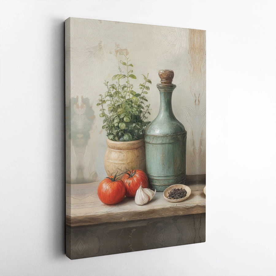 Rustic Kitchen Still Life Canvas Art | Tomatoes Garlic Herb Decor | Premium Gallery Wrap Wall Print | Farmhouse Dining Room Wall Decor Gift