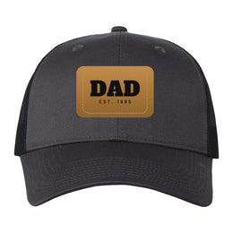 DAD EST. Trucker Hat — Personalized Leather Patch Gift for Dad