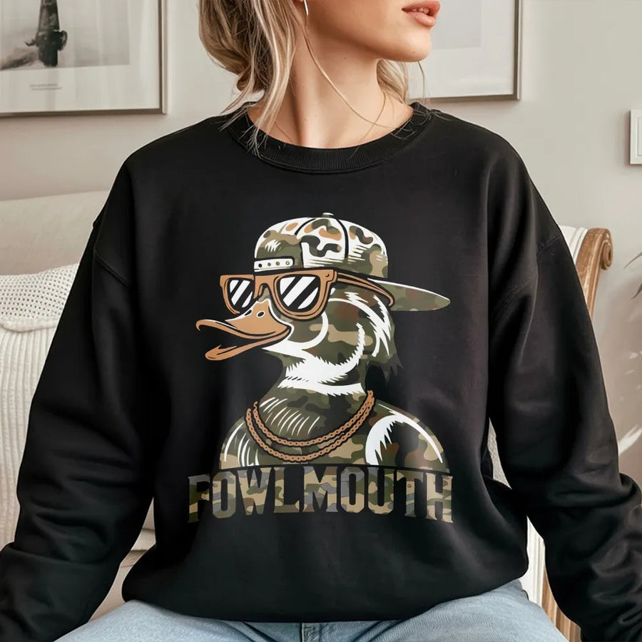 Fowlmouth Duck Hunting Sweatshirt | Camo Streetwear Graphic Design | Premium Cotton Blend Fleece | Funny Outdoor Hunter Gift for Men