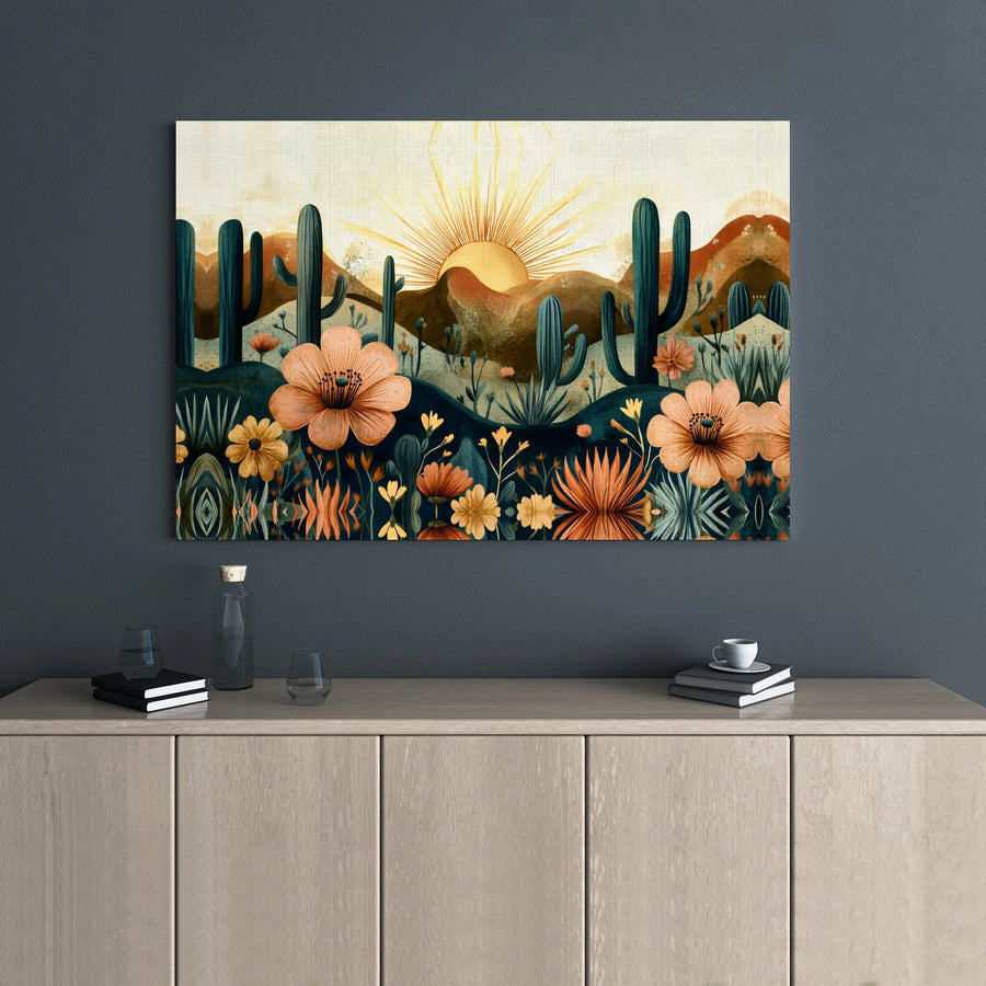 Bohemian Desert Landscape Canvas | Boho Sun and Cacti Wall Art | Premium 1.25-Inch Gallery Wrap | Southwestern Home Decor Gift