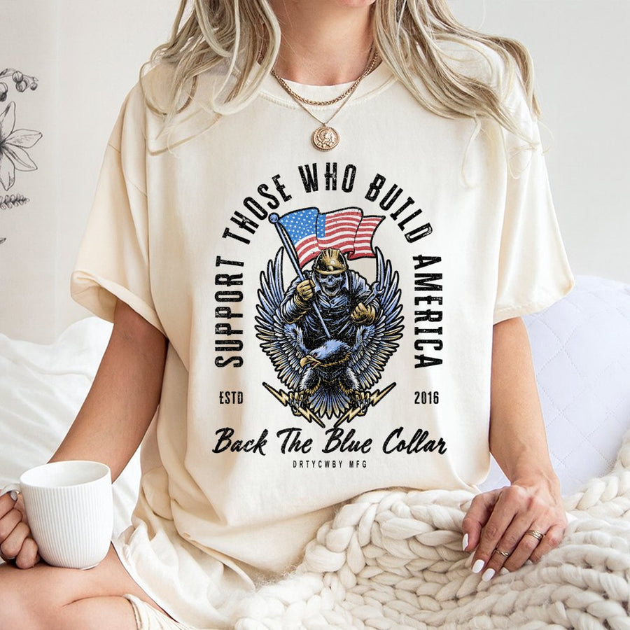 Blue Collar Worker T-Shirt | American Flag Eagle Skeleton Graphic | Premium Soft Cotton Tee | Patriotic Construction Trade Gift for Men
