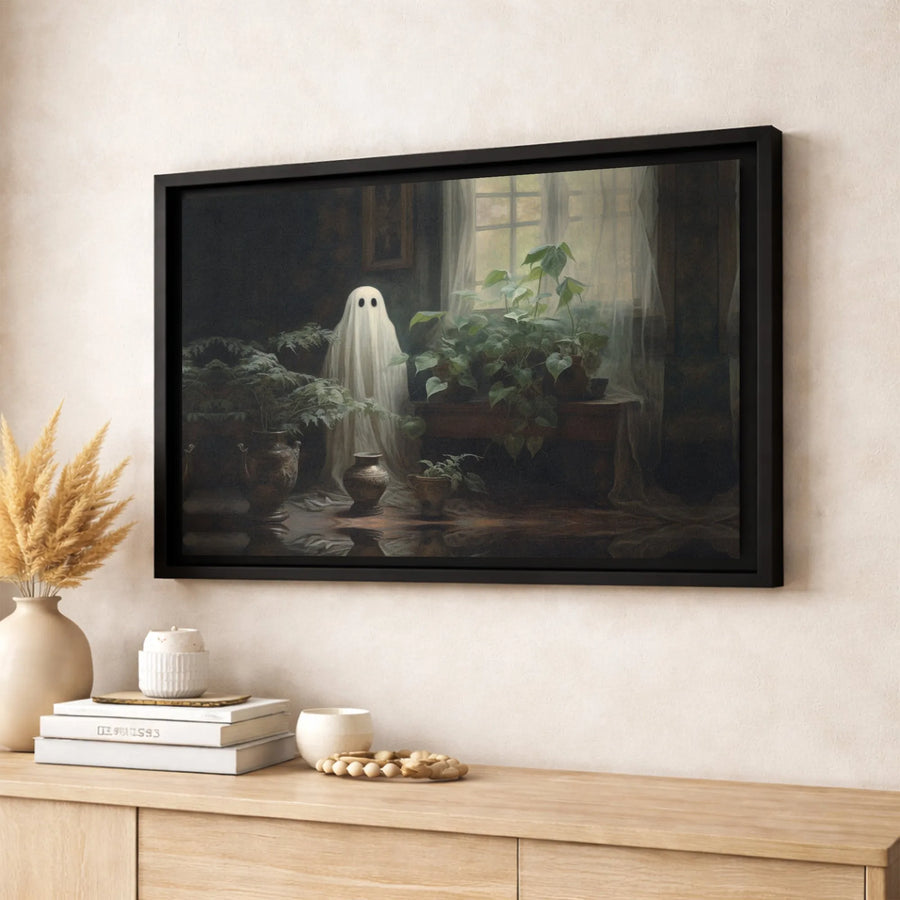 Ghost Among Houseplants Canvas Print | Vintage Moody Botanical Art | Gallery Quality Premium Wall Decor | Spooky Aesthetic Gift for Plant Lovers