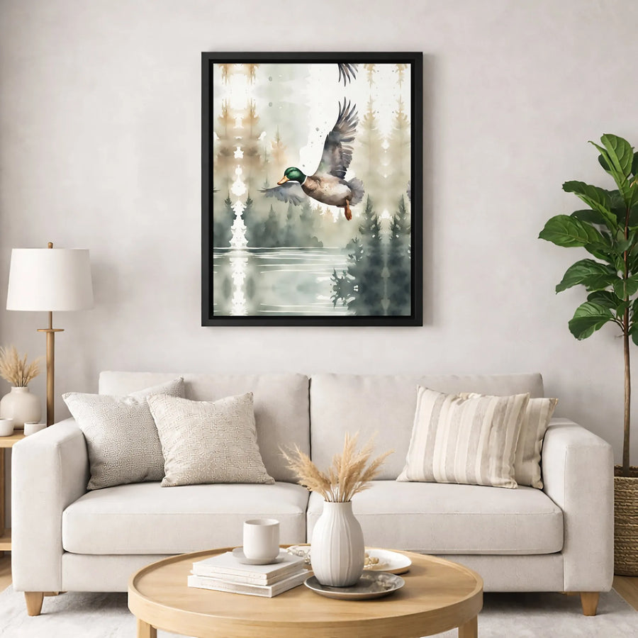 Mallard Duck Canvas Wall Art | Watercolor Forest Lake Landscape | Gallery-Quality 1.25 Inch Profile | Rustic Cabin Home Decor Gift