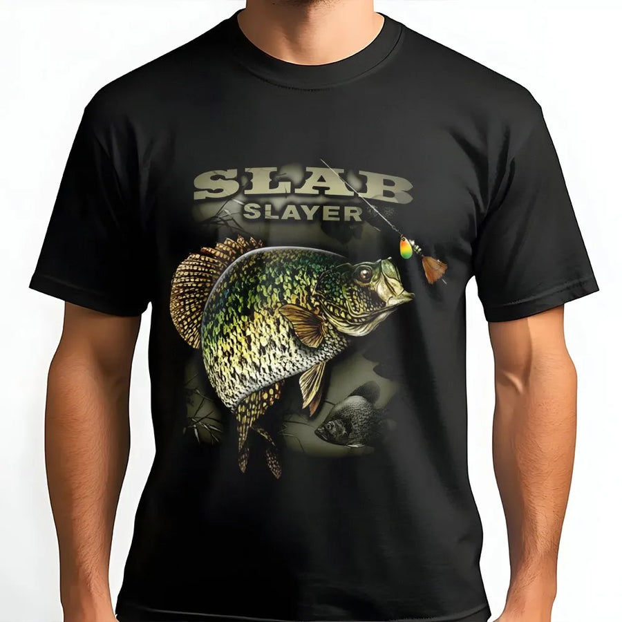Crappie Fishing T-Shirt | Slab Slayer Graphic Print | Premium Soft Cotton Tee | Funny Fisherman Gift for Anglers and Lake Lovers