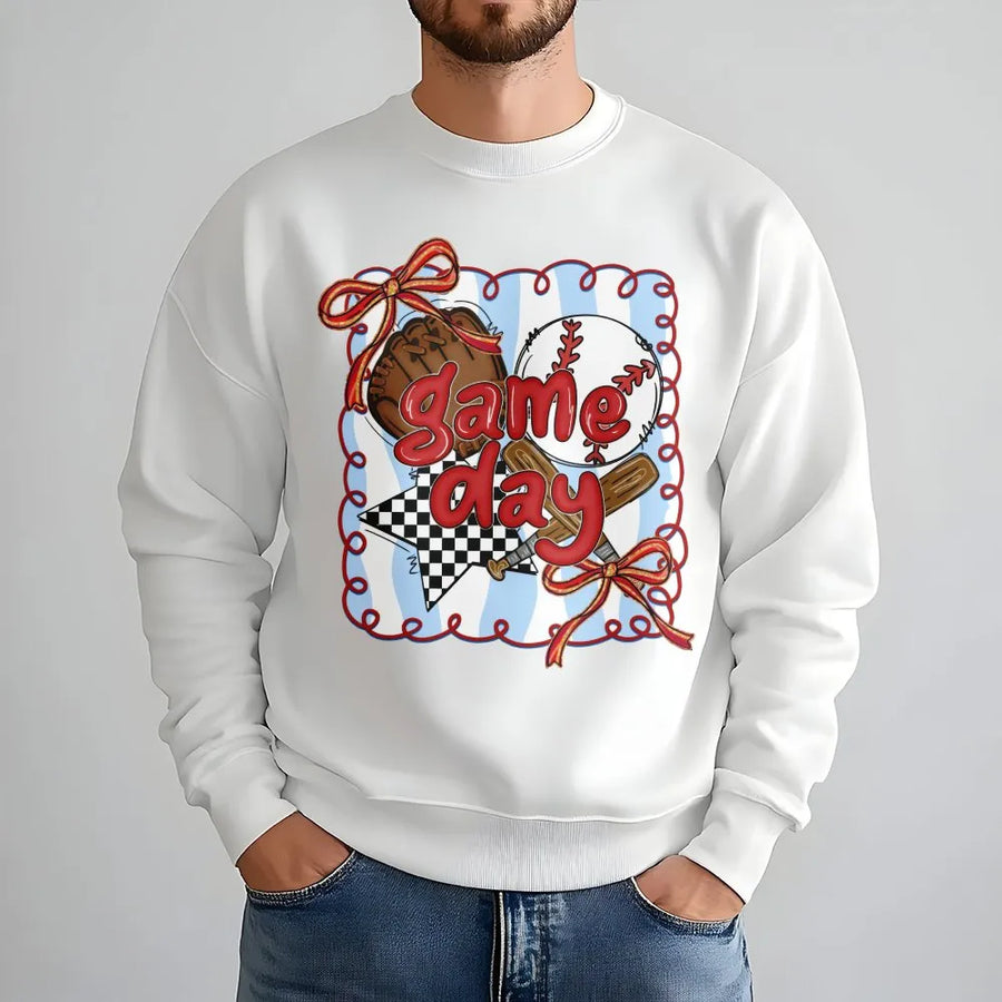 Game Day Baseball Sweatshirt | Preppy Coquette Bow Design | Soft Cotton Blend Crewneck | Cute Sports Fan Gift For Her