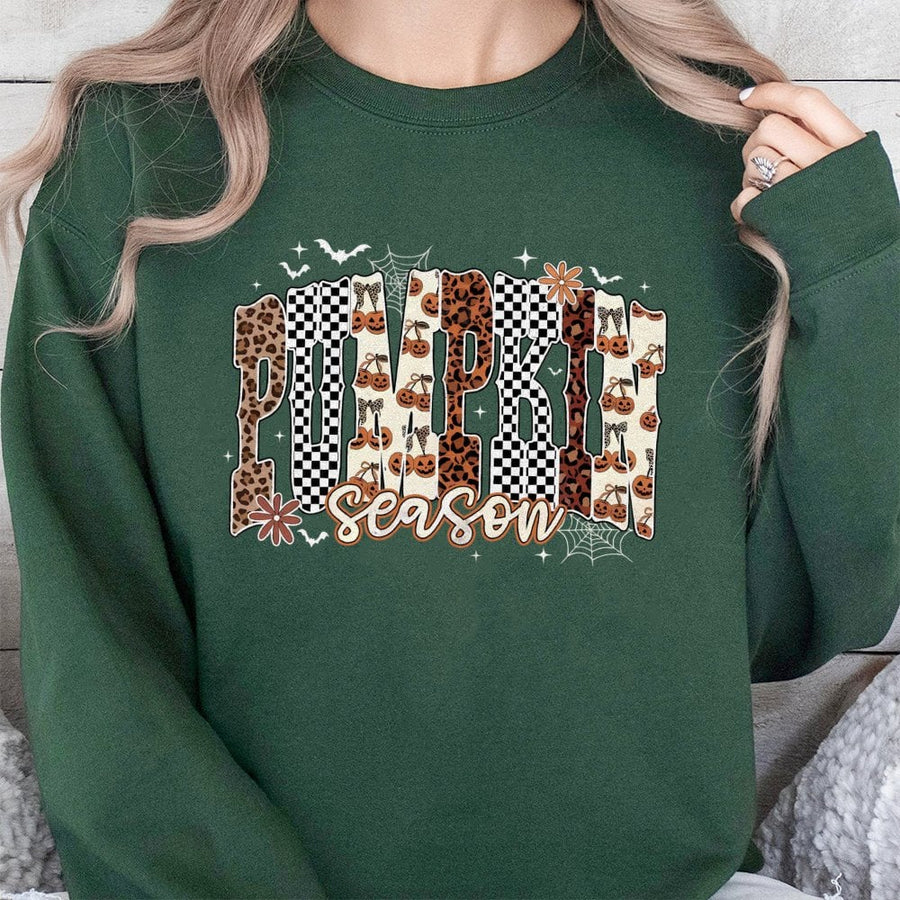 Pumpkin Season Sweatshirt | Leopard Print Checkered Fall Graphic | Cotton Blend Premium Apparel | Cozy Autumn Gift for Her