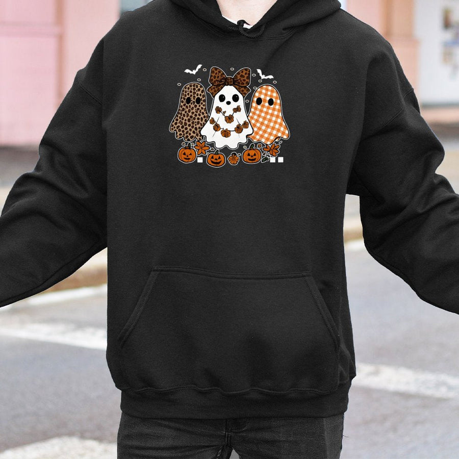 Cute Ghost Trio Hoodie | Leopard Print Gingham Bow Design | Premium Cotton-Poly Blend | Halloween Pumpkin Fall Gift for Her