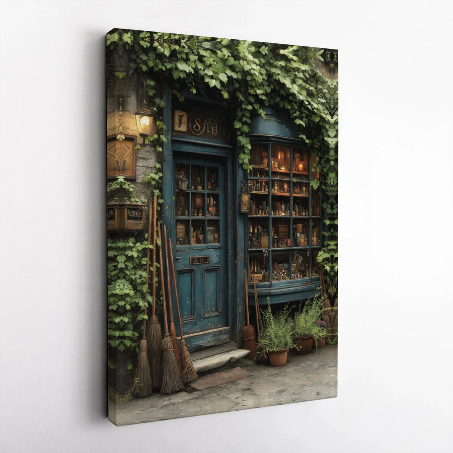 Magical Apothecary Canvas Wall Art | Witchy Shop With Potions And Brooms | Premium Gallery Wrapped Decor | Fantasy Gift For Book Lovers