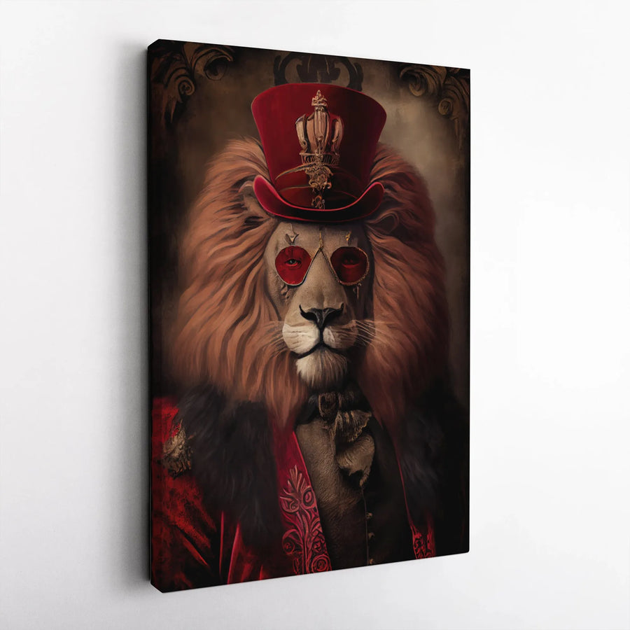 Dapper Lion Wall Art | Steampunk King Portrait in Red Top Hat | Premium Gallery Wrap Canvas | Unique Home Office Decor Gift