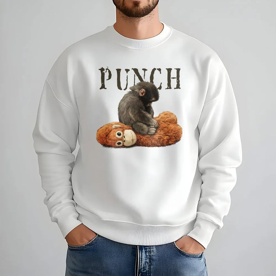 Baby Monkey Sweatshirt | Cute Chimpanzee With Plush Toy Graphic | Premium Cotton Blend Unisex Crewneck | Whimsical Animal Lover Gift Idea