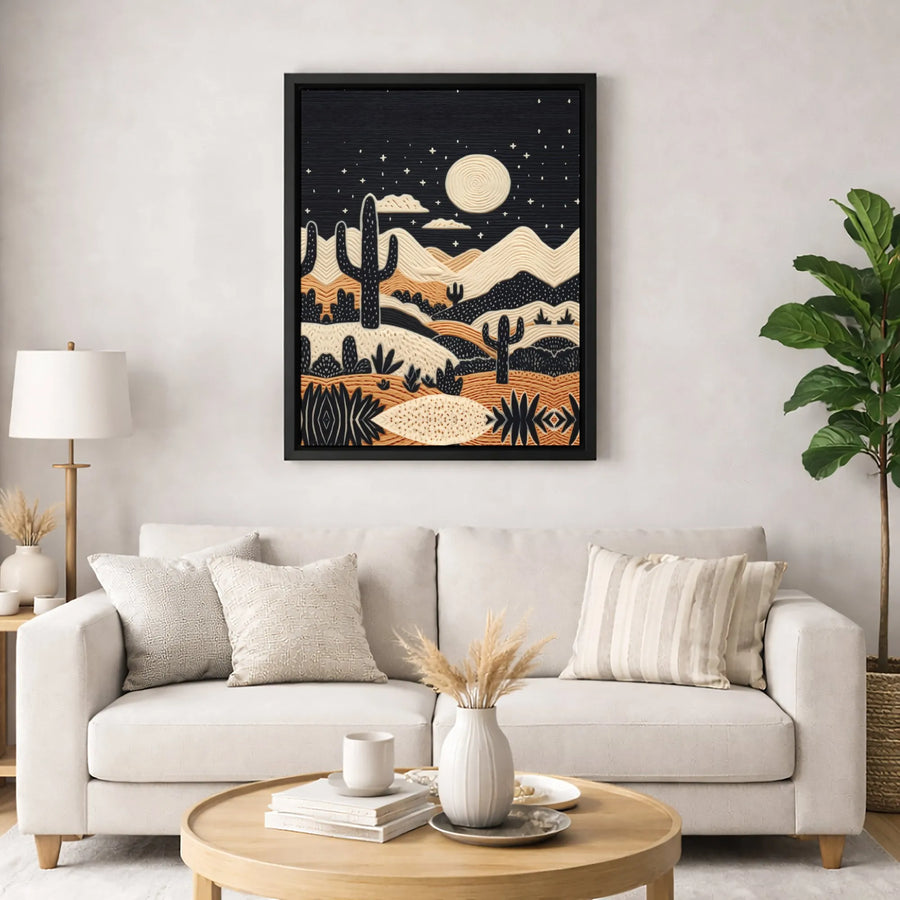 Desert Night Landscape Canvas Wall Art | Bohemian Cactus Linocut Design | Premium Gallery-Wrapped Print | Boho Home Decor Gift For Nature Lovers
