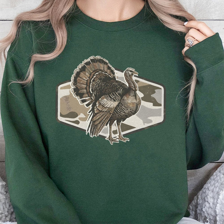 Wild Turkey Hunting Sweatshirt | Retro Camo Wildlife Graphic | Premium Cotton Blend | Thanksgiving Hunter Gift for Men and Women