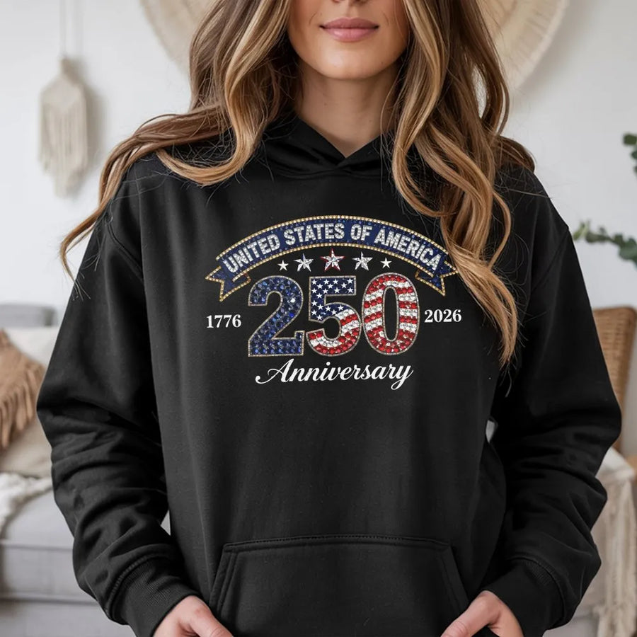USA 250th Anniversary Hoodie | 1776-2026 Patriotic Rhinestone Flag Design | Premium Cotton-Poly Blend | Unisex Commemorative Gift for Americans