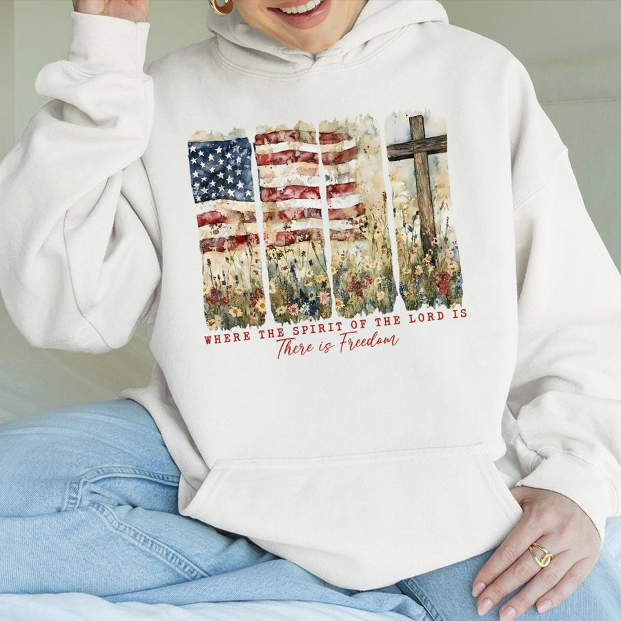 Where The Spirit Of The Lord Is There Is Freedom Hoodie | American Flag Christian Cross Graphic | Premium Cotton Blend | Faith-Based Gift For Believers