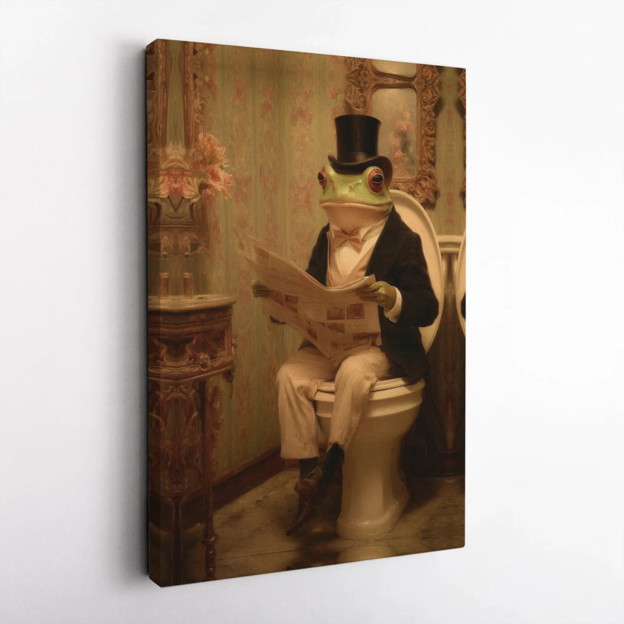 Victorian Frog Reading Newspaper Canvas | Funny Gentleman Frog Portrait | Premium Gallery Wrapped Canvas | Quirky Bathroom Decor Gift