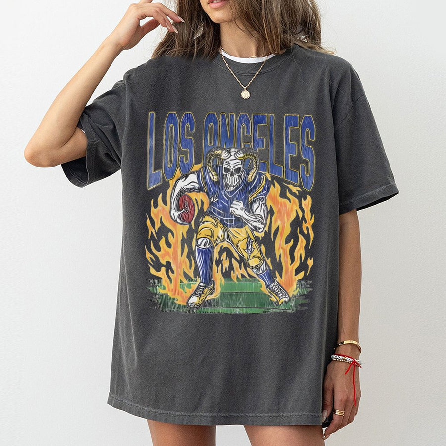 Los Angeles Rams Skeleton Football Player With Flames T-Shirt