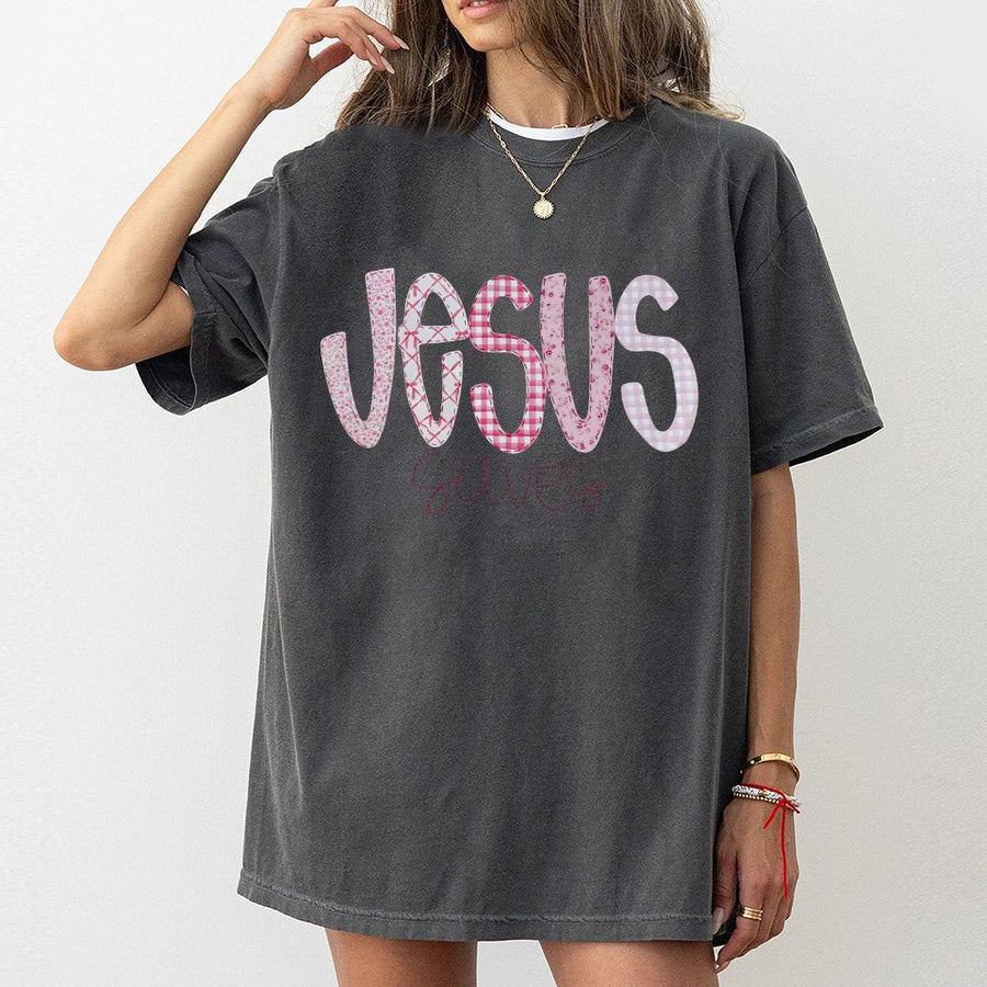 Jesus Saves T-Shirt | Pink Gingham Patchwork Aesthetic | 100% Cotton Premium Tee | Faith-Based Christian Gift for Women