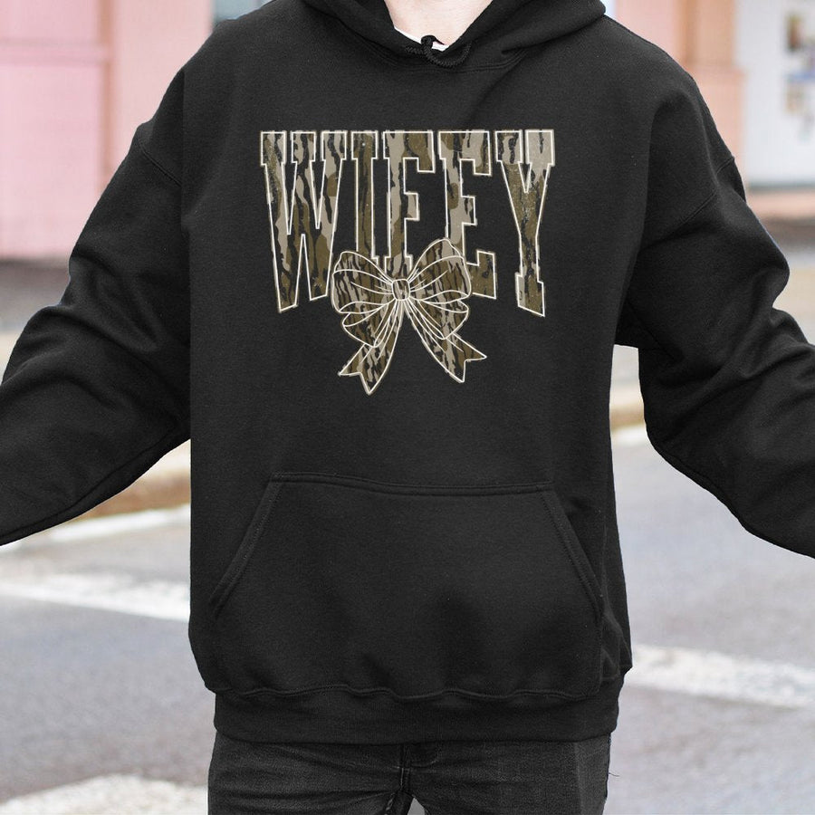 Wifey Camo Bow Hoodie | Trendy Camouflage Graphic Print | Premium Cotton Blend | Gift For Brides, Newlyweds & Anniversary