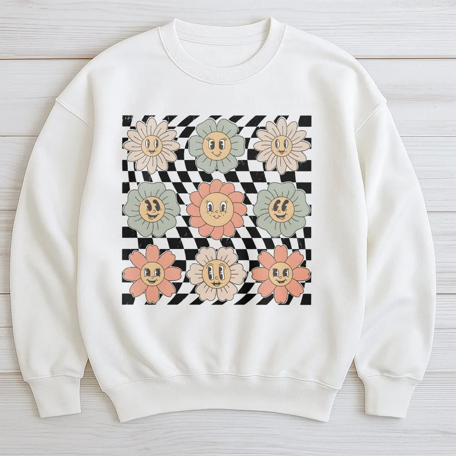 Retro Checkered Flower Sweatshirt | Groovy Smiley Floral Graphic | Soft Cotton Unisex Tee | Trendy Boho Gift for Women