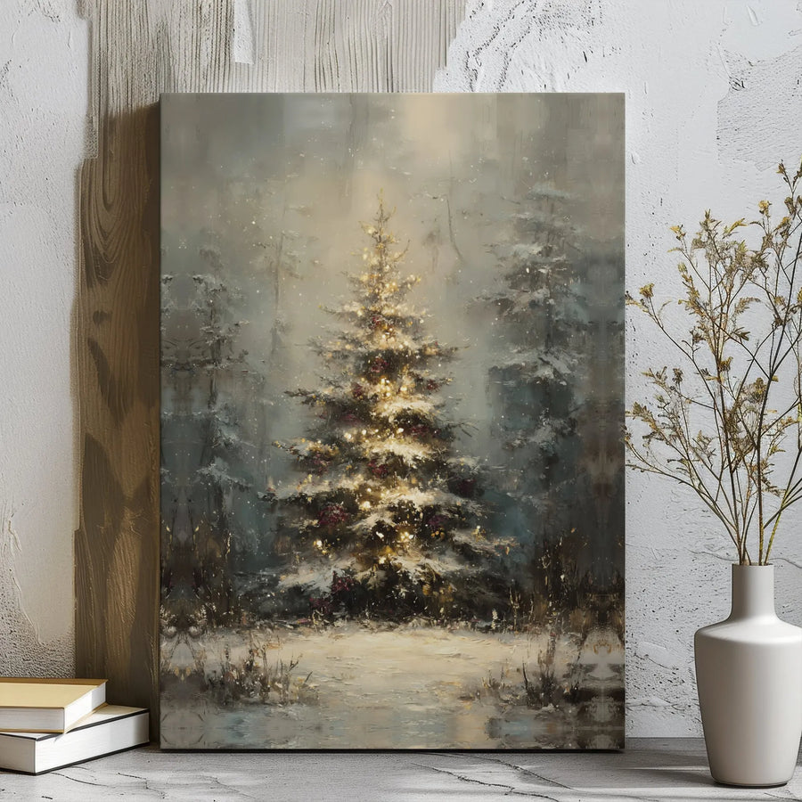 Christmas Tree Canvas Wall Art | Glowing Snowy Forest Landscape Print | 1.25-Inch Gallery Wrap | Festive Holiday Home Decor Gift
