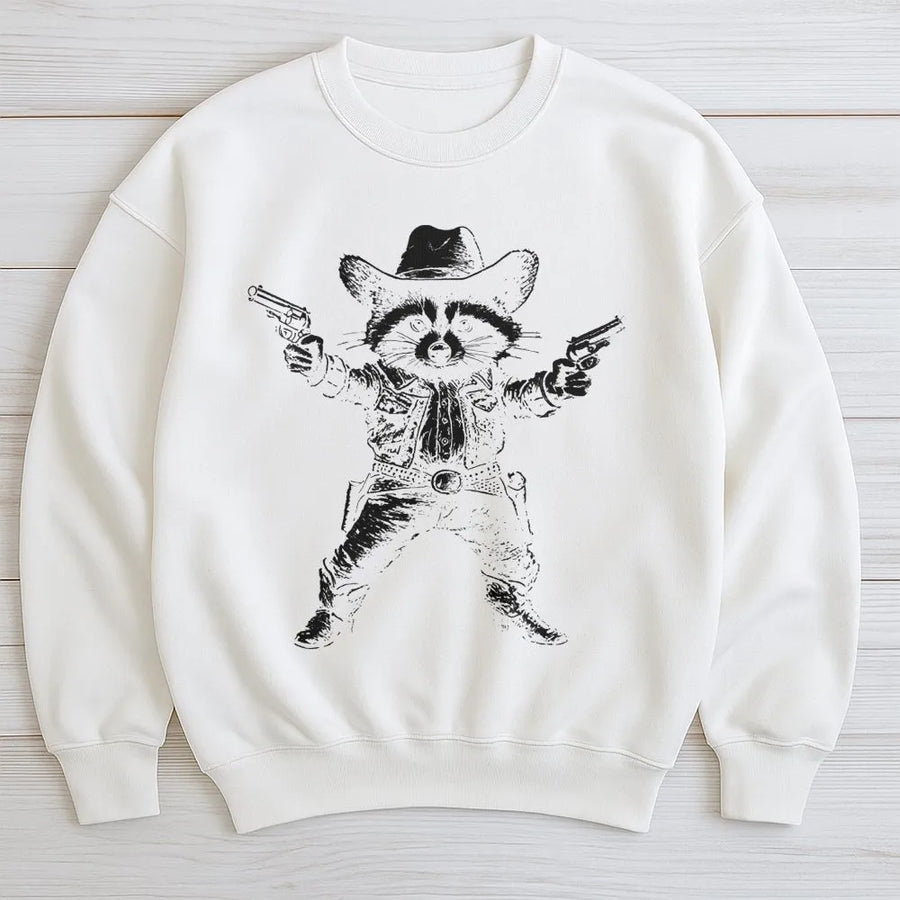 Cowboy Raccoon Sweatshirt | Funny Western Graphic Print | Soft Premium Cotton Blend | Quirky Wild West Animal Lover Gift