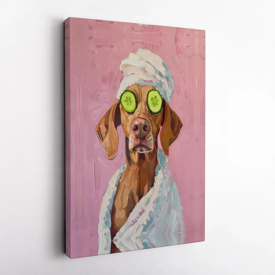 Vizsla Dog Spa Wall Art | Funny Puppy with Cucumber Slices | Premium Gallery Canvas | Cute Animal Bathroom Decor Gift