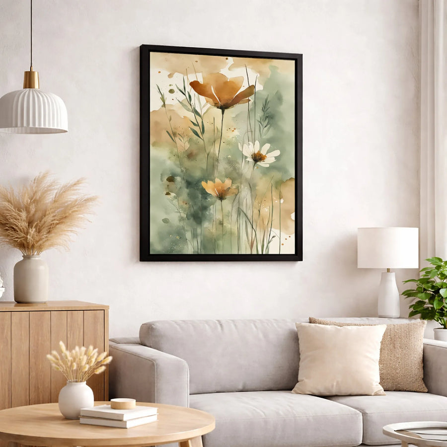 Wildflower Watercolor Canvas Print | Soft Orange and Sage Green Floral Art | Premium Fade-Resistant Gallery Wrap | Modern Home Decor Gift