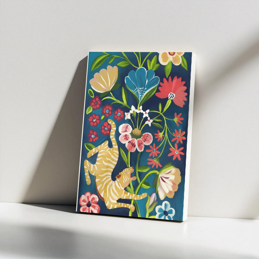 Floral Tiger Canvas Wall Art | Vibrant Folk Art Tiger and Flowers Print | Premium Gallery Wrap Canvas | Eclectic Living Room Decor Gift