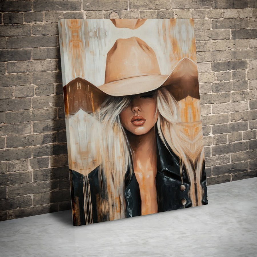 Modern Cowgirl Canvas Wall Art | Abstract Blonde Woman Painting | Premium Gallery Wrapped Print | Modern Western Home Decor Gift