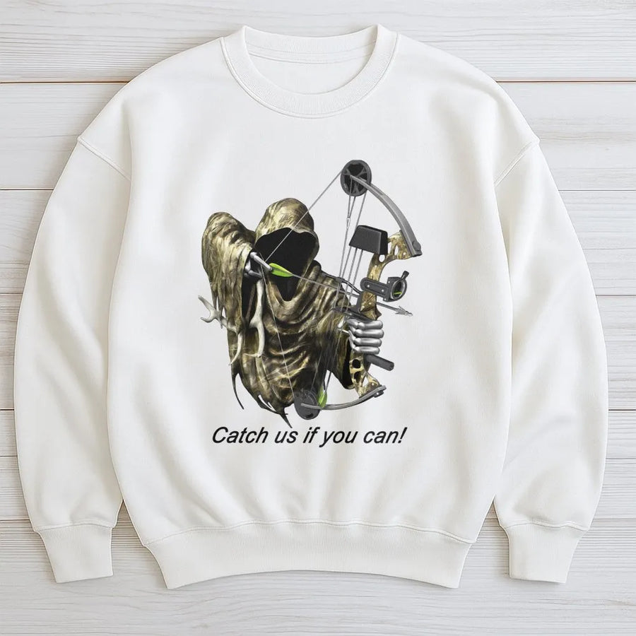 Grim Reaper Bow Hunting Sweatshirt | Catch Us If You Can Archery Graphic | Cotton Blend Unisex Pullover | Premium Gift for Bowhunters