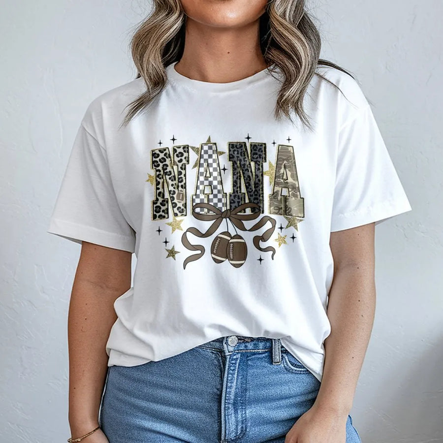 Nana Football T-Shirt | Preppy Leopard Print Bow Design | Premium Soft Cotton | Cute Game Day Gift for Grandma