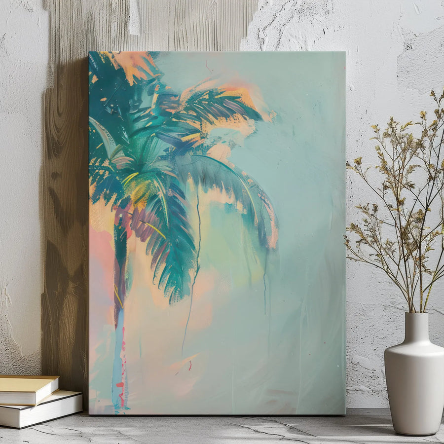 Abstract Palm Tree Canvas Wall Art | Teal and Pink Coastal Print | Premium Gallery Wrap 1.25” Frame | Modern Beach House Decor for Living Room