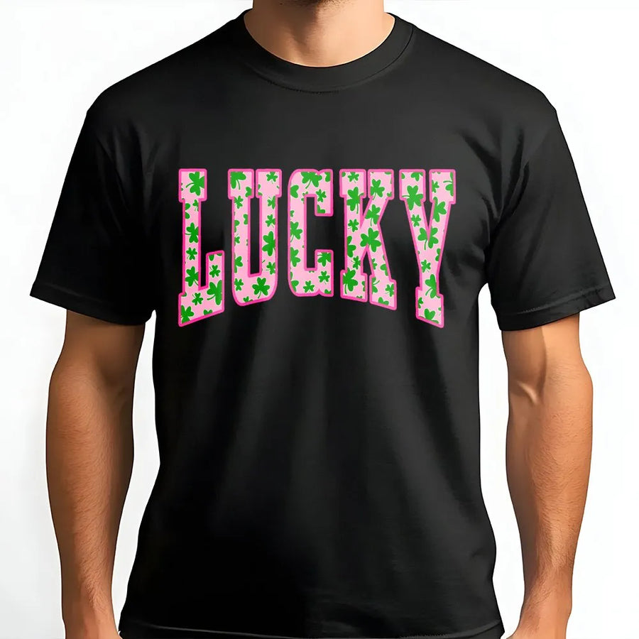 Lucky Shamrock T-Shirt | St. Patrick's Day Pink Varsity Letter Print | Premium Soft Cotton Tee | Cute Irish Gift For Women & Teens