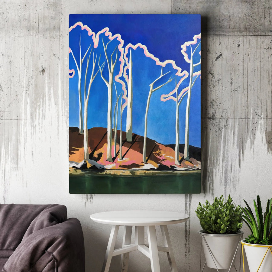 Modern Birch Tree Vertical Canvas Art Print | Abstract Blue Forest Landscape Wall Decor | 1.25" Gallery Wrap Canvas | Gift for Nature Art Lovers
