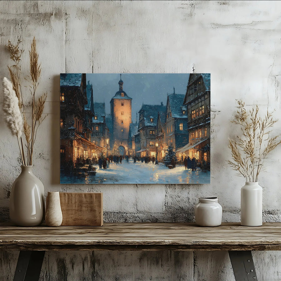 Winter Village Canvas Wall Art | Snowy European Town Night Scene | Premium Gallery-Wrapped Print | Christmas Home Decor Gift