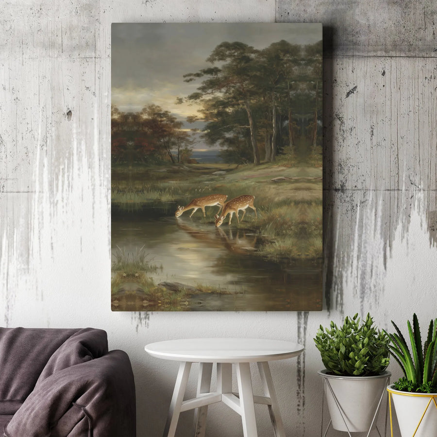 Vintage Deer Canvas Print | Forest Scene with Two Fawns Drinking | Premium Gallery Wall Art | Rustic Lodge & Cabin Decor Gift