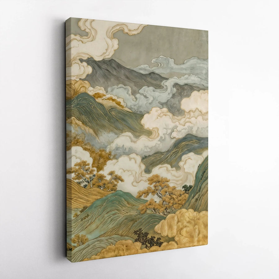 Vintage Japanese Style Mountain Vertical Canvas | Golden Clouds & Green Hills Landscape Art | Premium 1.25 Inch Gallery Wrap Print | Zen Living Room Home Decor Gift