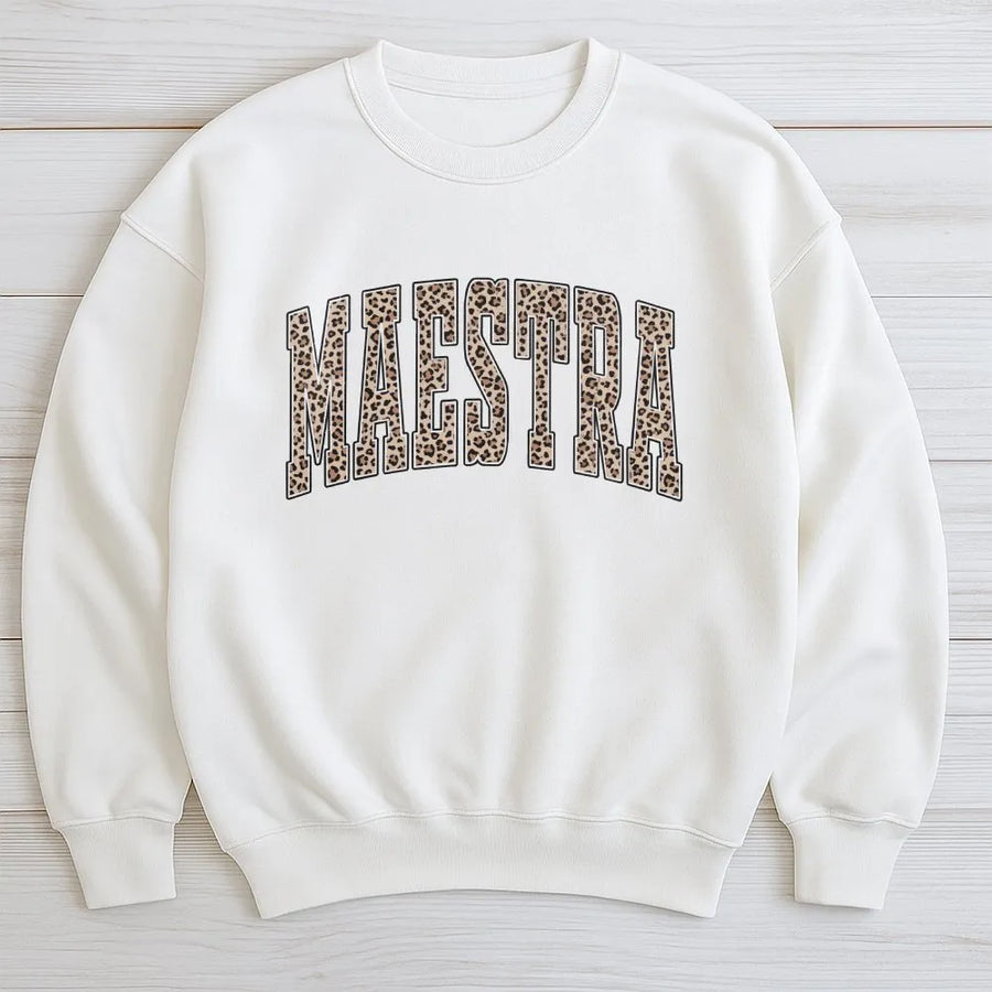 Maestra Sweatshirt | Leopard Print Varsity Lettering | Premium Cotton Blend | Bilingual Spanish Teacher Gift Idea