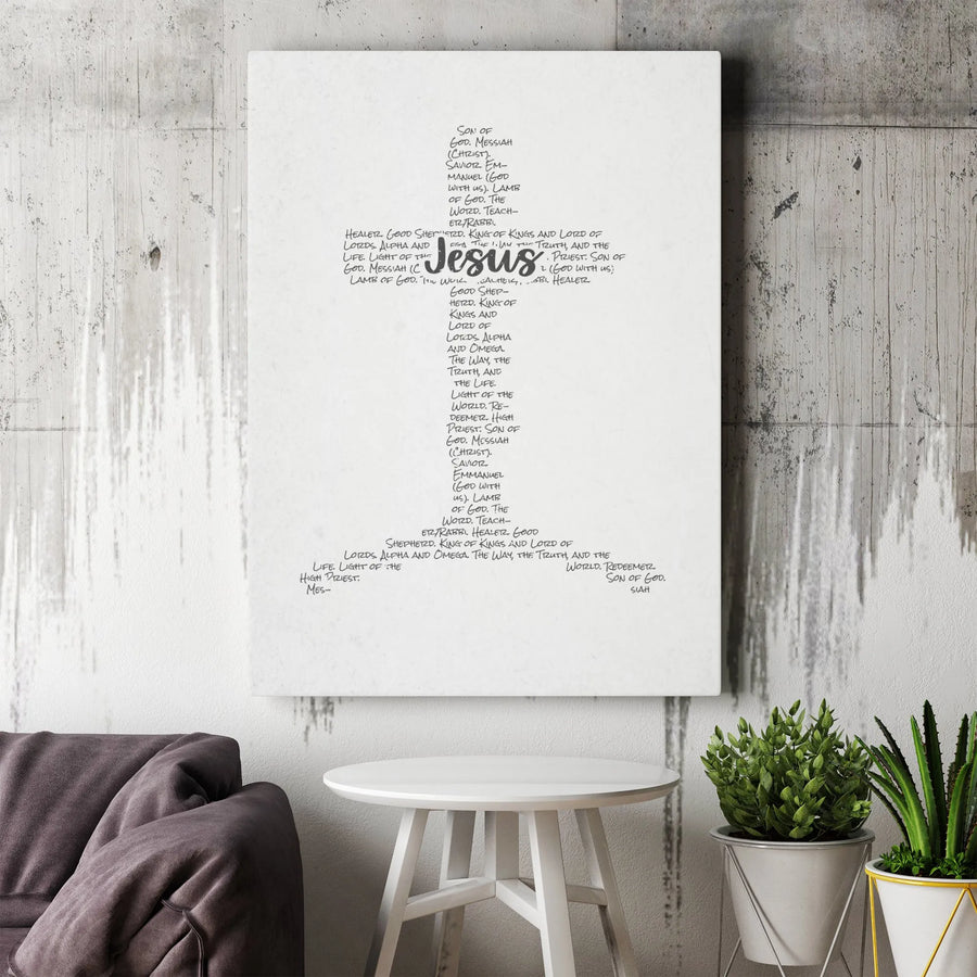 Jesus Names and Titles Cross Canvas Wall Art | Script Typography Religious Design | Premium Gallery-Wrapped Print | Faith-Based Home Decor Gift