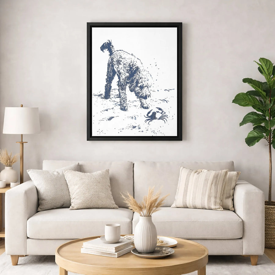 Doodle Dog Beach Canvas Wall Art | Sketch Style Crab Encounter | Premium Gallery Wrap Print | Coastal Home Decor Gift for Dog Lovers