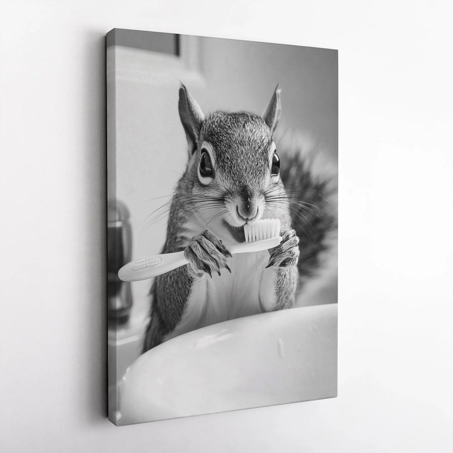 Funny Squirrel Brushing Teeth Vertical Canvas | Whimsical Black and White Animal Photography | Premium Wall Art | Unique Kids Bathroom Decor Gift